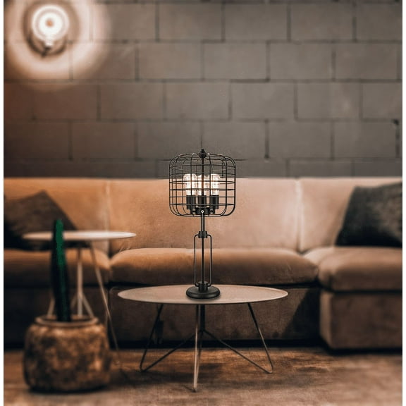 Noaman 26.5" Black Industrial Wire Cage Table Lamp with USB Port & Edison Bulb, Metal Frame, Pull-Chain Switch, UL Listed for Home/Office