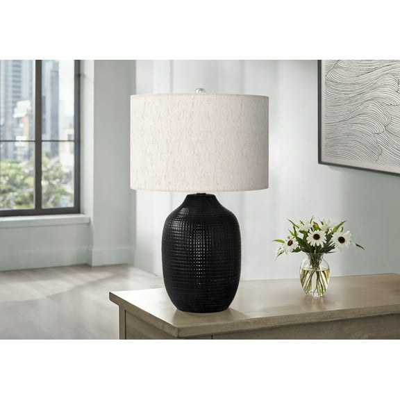 Noaman 26"h Contemporary Table Lamp, Black Ceramic Base with Ivory Linen Shade, 3-Way Rotary Switch, 100W Max, 16x16x25.75in, Perfect for Bedroom or Living Room