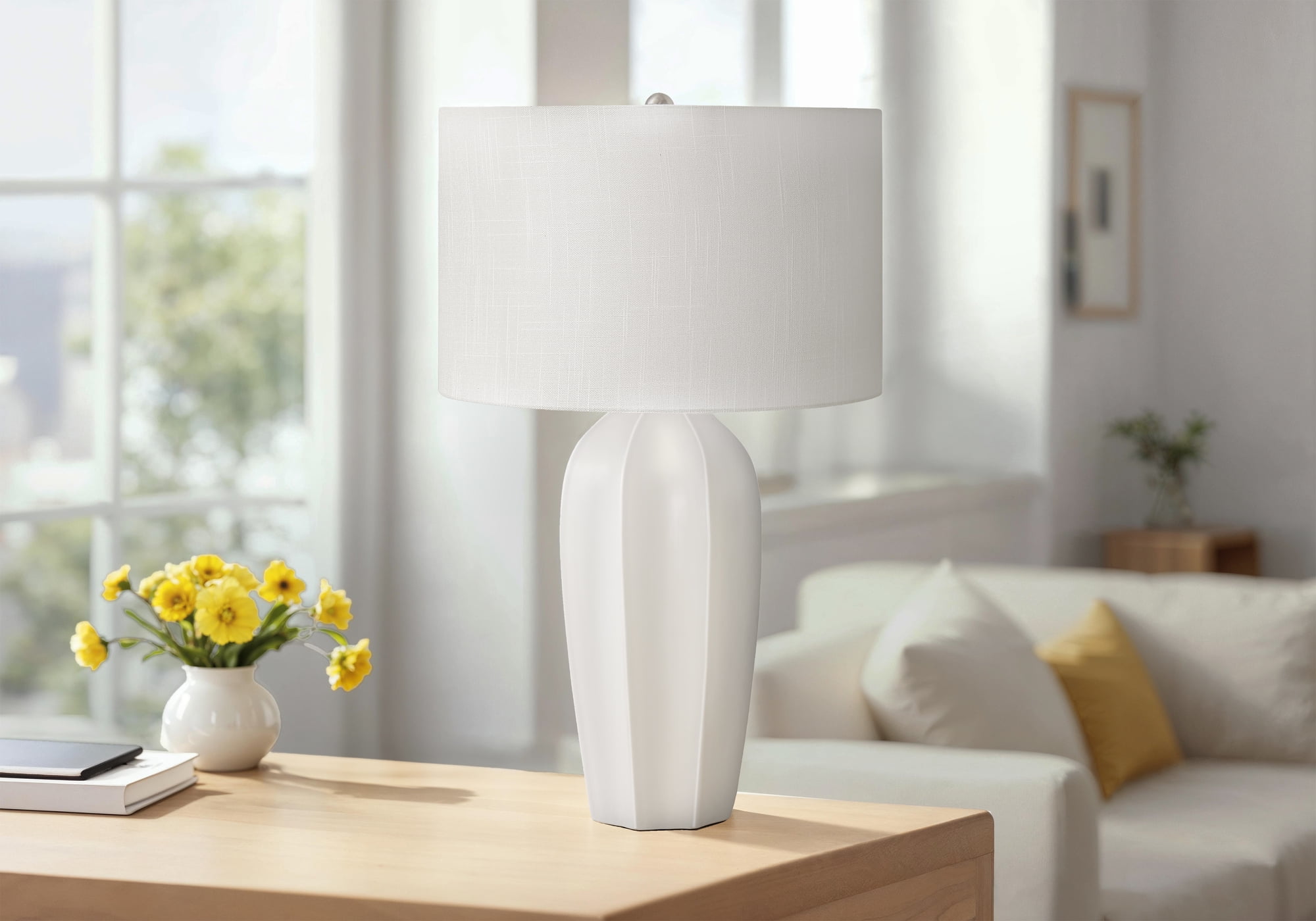 Noaman 27" Cream Ceramic Table Lamp with Ivory Linen Shade, 3-Way Rotary Switch, Modern Lighting for Living Room, Bedroom, or Office