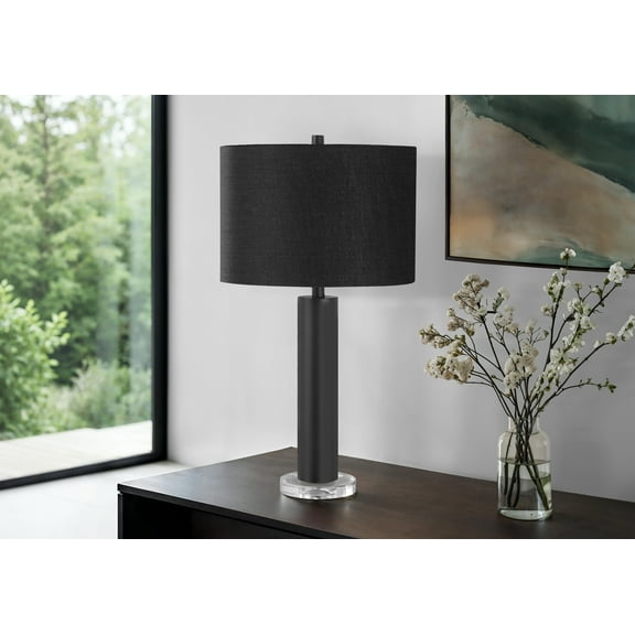 Noaman 28"h Contemporary Table Lamp, Black Metal & Acrylic Base with Ivory Linen Shade, 3-Way Rotary Switch, 100W Max, 15"L x 15"W x 27.5"H
