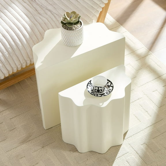 Noaman 2PCS Set Wavy Edges Fiberglass Coffee Table for Living Room, Bedroom - Modern Beige Design, No Assembly Required