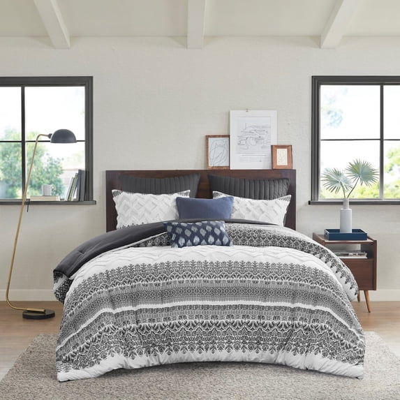 Noaman 3 Piece Cotton Comforter Set with Chenille Tufting, Gray Full/Queen Size, Farmhouse Style, 100% Cotton, Includes Comforter & 2 Shams, Machine Washable