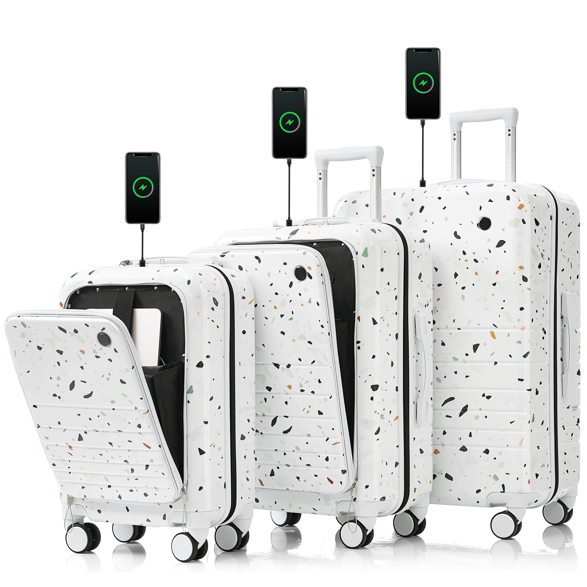 Noaman 3-Piece Luggage Set with USB Port, ABS+PC Spinner Wheels Ivory