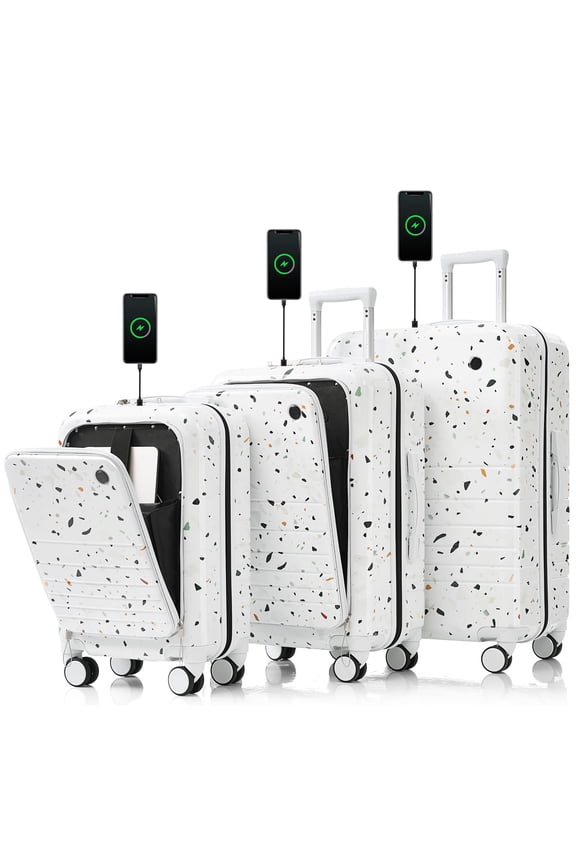 3-Piece Luggage Set with USB Port, ABS+PC Spinner Wheels Ivory