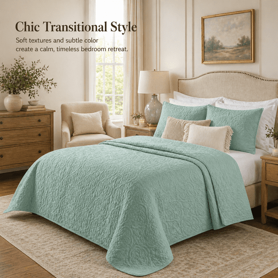 Noaman 3 Piece Reversible Bedspread Set Seafoam Full/Queen, Oversized Microfiber Coverlet with Quilted Medallion Design, Hypoallergenic Polyester Filling, Includes 2 Shams, Green