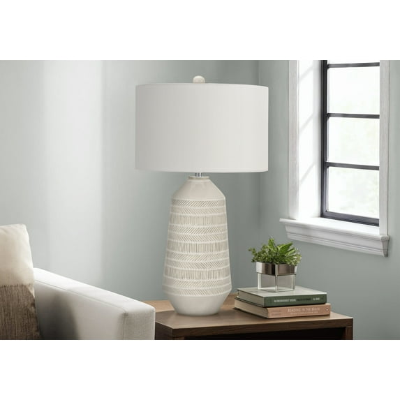 Noaman 33"h Table Lamp, Cream Ceramic Base with Ivory Fabric Shade, 3-Way Rotary Switch, 18x18x32.75in, Contemporary Lighting for Living Room & Bedroom