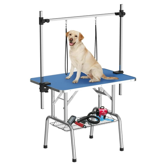 Noaman 36 Inch Foldable Dog Grooming Table with Adjustable Arm, Noose & Non-Slip Surface, Blue