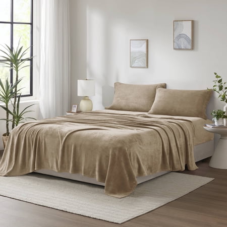 Noaman 4-Piece King Micro Plush Sheet Set, Taupe, Brushed Polyester Velvet Feel
