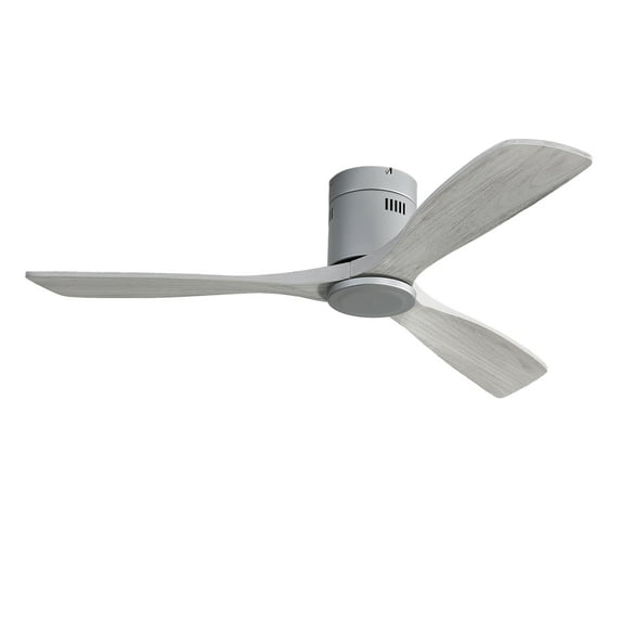 Noaman 52 Inch Flush Mount Ceiling Fan DC, 3 Carved Wood Blades, Noiseless Reversible Motor, Remote Control, Silver, for Living Room/Bedroom/Patio