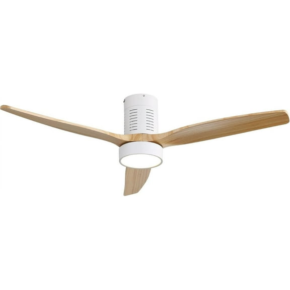 Noaman 52 Inch Indoor Flush Mount Ceiling Fan with LED Light and Remote Control, White Wood Blades, Reversible DC Motor for Bedroom Living Room
