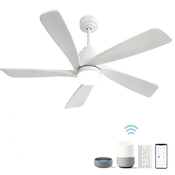 Noaman 52 Inch Modern Ceiling Fan with Dimmable LED Light, 5 Solid Wood Blades, Smart Remote Control, Reversible DC Motor, White
