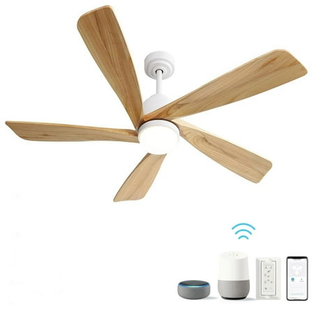 Noaman 52 Inch Smart Ceiling Fan with Dimmable LED Light, 5 Solid Wood Blades, Remote Control, Reversible DC Motor, White