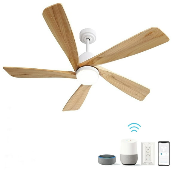 Noaman 52 Inch Smart Ceiling Fan with Dimmable LED Light, 5 Solid Wood Blades, Remote Control, Reversible DC Motor, White