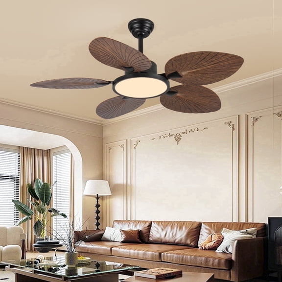 Noaman 52 Inch Tropical Ceiling Fan with Light and Remote, Quiet Palm Leaf Ceiling Fan for Indoor and Covered Outdoor Use, Amber