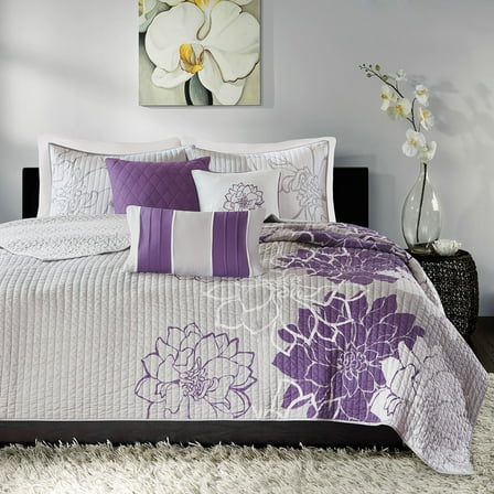 Noaman 6-Piece Reversible Cotton Quilt Set with Floral Print & Throw Pillows, Taupe Grey/Purple, Full/Queen Size