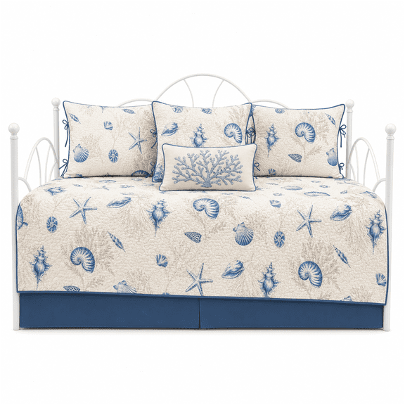 Noaman 6 Piece Reversible Printed Microfiber Daybed Cover Set, Twin, Blue Coastal Seashell with Decorative Pillow