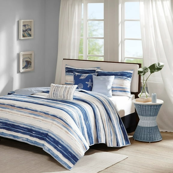 Noaman 6-Piece Reversible Quilt Set King/Cal King Blue, Coastal Stripe Printed Bedding with Decorative Throw Pillows