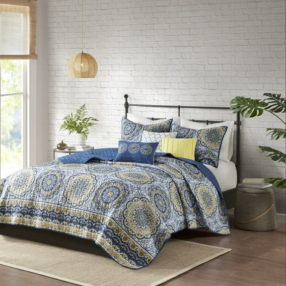 Noaman 6 Piece Reversible Quilt Set with Throw Pillows, Blue Floral Medallion Design, Full/Queen Size, Microfiber Polyester Bedding