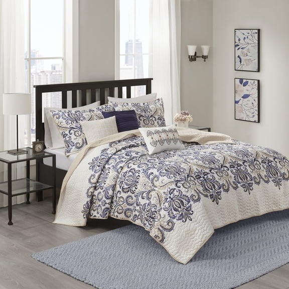 Noaman 6 Piece Reversible Quilt Set with Throw Pillows, Navy/Tan Full/Queen, Modern Paisley Design, All Over Quilting, Microfiber