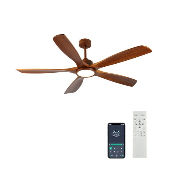 Noaman 60 Inch Wood Ceiling Fan with Light and Remote, 5 Solid Wood Blades, Modern Low Profile Design, 6-Speed Reversible DC Motor, Natural Wood, for Bedroom/Outdoor/Farmhouse/Patios
