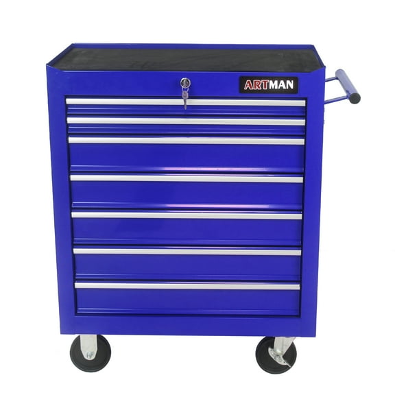 Noaman 7-Drawer Multifunctional Tool Cart with Wheels, 24.2x12.9x29.9in Steel Rolling Workshop Trolley, Lockable Drawers & Ball Bearing Slides, Blue