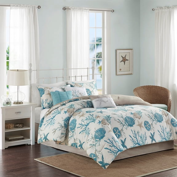 Noaman 7-Piece Cotton Sateen Coastal Comforter Set, Aqua, California King