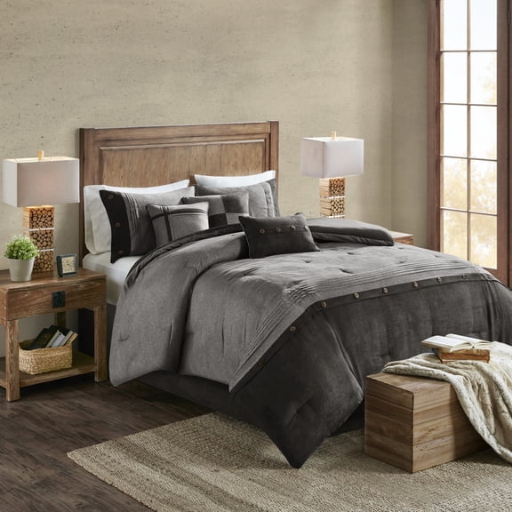 Noaman 7 Piece Faux Suede Comforter Set Grey King, Lodge Cabin Style Bedding with Decorative Pillows, Hypoallergenic Polyester Filling, Machine Washable