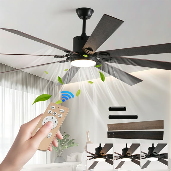 Noaman 72" Walnut LED Ceiling Fan Light with 8 Wooden Blades, Remote Control, Adjustable Color Temperature, 6-Speed Silent DC Motor for Living Room, Bedroom, or Dining Room
