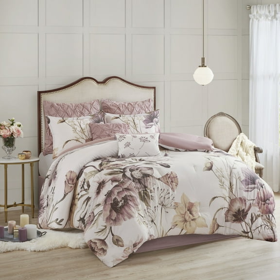 Noaman 8-Piece Cotton Printed Comforter Set Blush California King, Shabby Chic Floral Bedding with Decorative Pillows & Bed Skirt