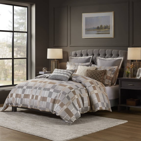 Noaman 8-Piece Queen Jacquard Oversized Duvet Comforter Set with Decorative Pillows, Taupe Multicolor