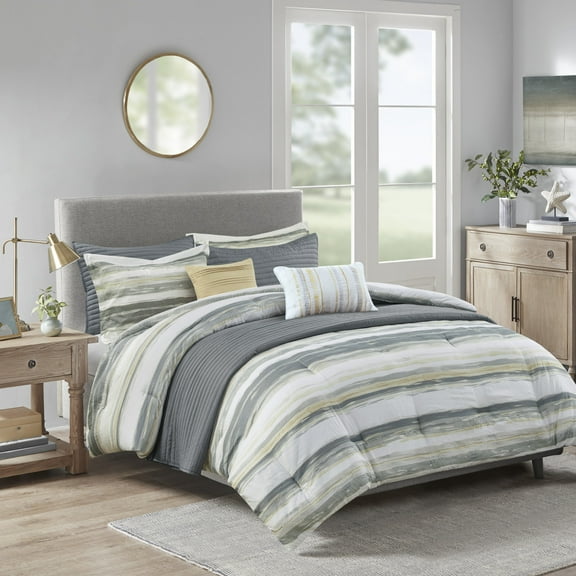 Noaman 8-Piece Seersucker Comforter & Quilt Set King/Cal King, Yellow & Gray Watercolor Stripe Printed Bedding Collection