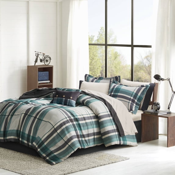 Noaman 9-Piece Full Plaid Comforter Set with Bed Sheets, Teal/Black, Microfiber, Includes Comforter, Shams, Sheets, Pillowcases
