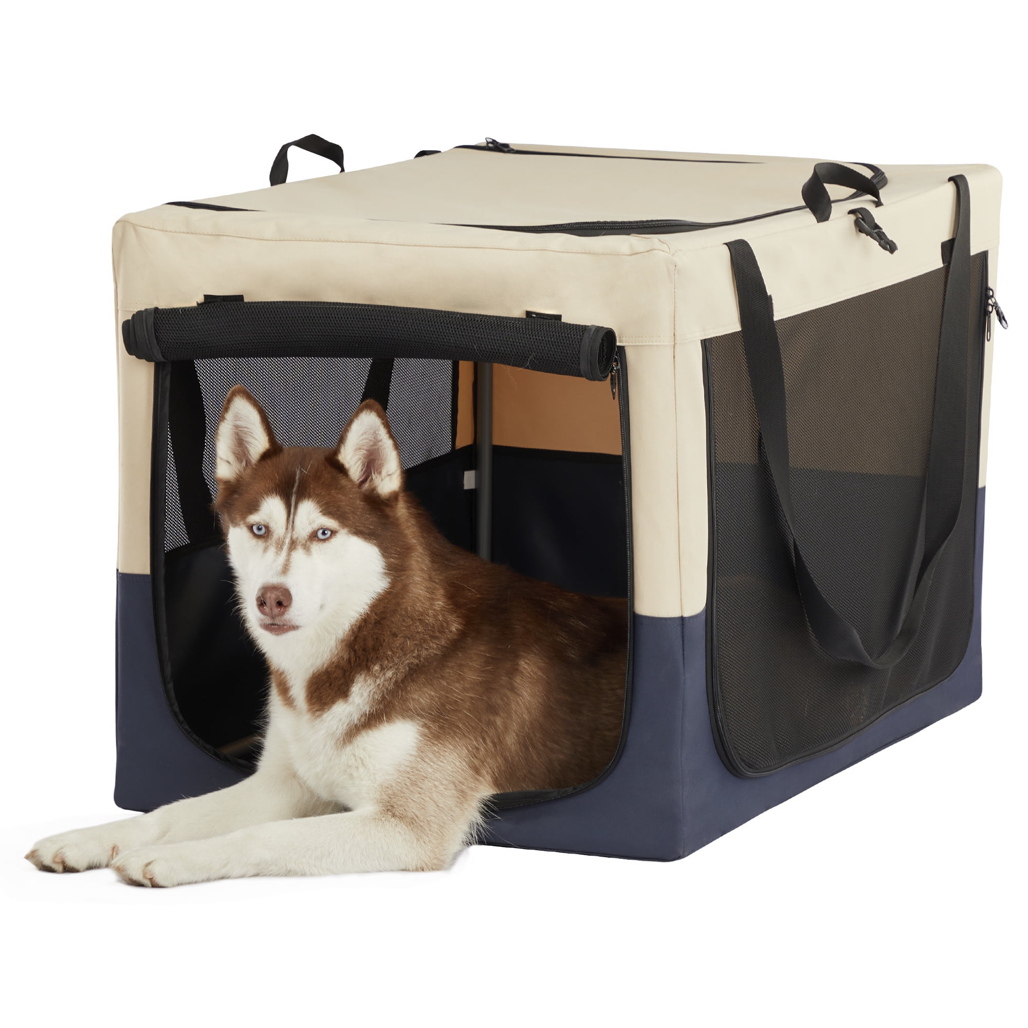 Noaman Adjustable Fabric Dog Crate with Spiral Iron Pipe, 36"L x 23"W x 23"H Foldable Travel Kennel, 3-Door Design, White+Blue for Medium/Large Dogs