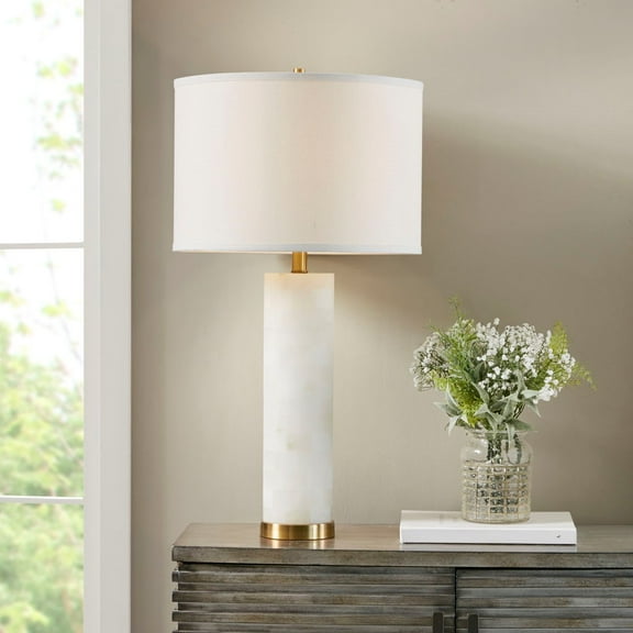 Noaman Alabaster Table Lamp 16" Dia x 30" H, White Drum Shade with Gold Metal Base, E26 Socket & 72" Cord, Elegant Lighting for Living Room
