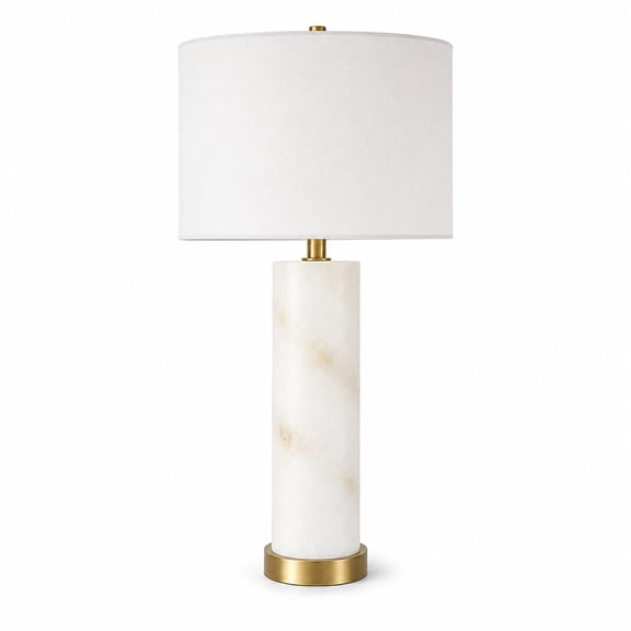 Noaman Table Lamp, Alabaster White Drum Shade with Gold Metal Base, 16 in Dia x 30 in H, E26 Socket, 6 ft Cord