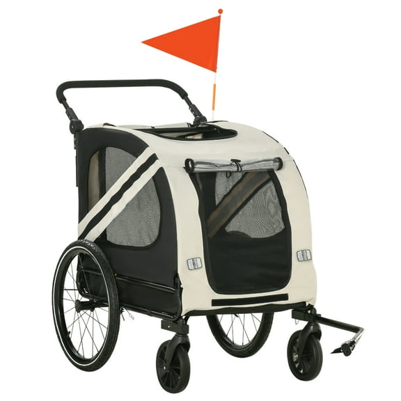 Noaman Aosom 2-in-1 Pet Bike Trailer & Stroller for Small Dogs, White Steel Frame, Weather-Resistant Oxford Fabric, 44lb Capacity, with Safety Flag & Reflectors