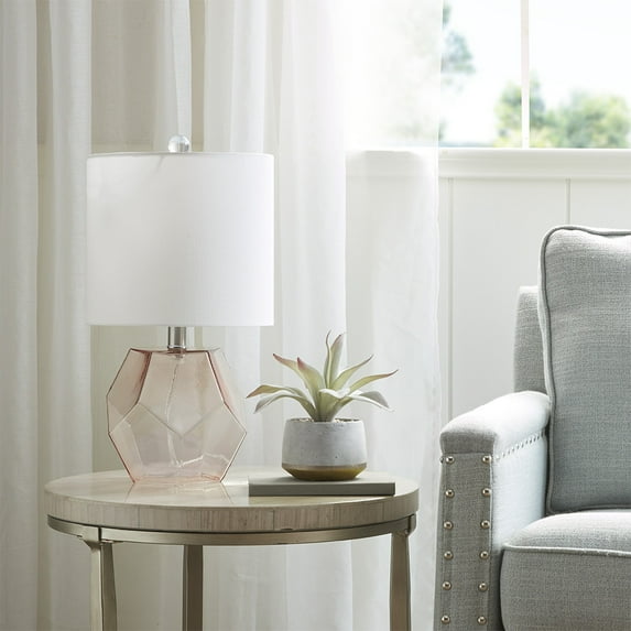 Noaman Bella Geometric Glass Table Lamp with White Shade, Pink Base, 10x10x18 inches