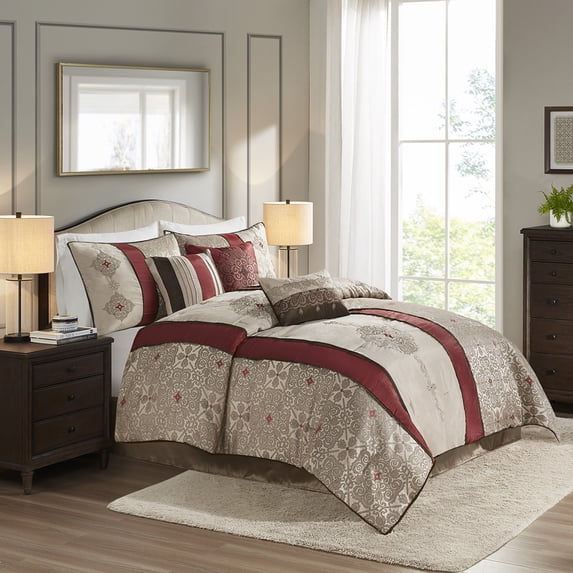 Noaman California King 7-Piece Jacquard Comforter Set with Throw Pillows, Red Modern Striped Bedding Collection with Embroidered Details