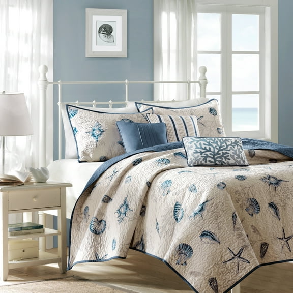 Noaman Coastal Seashells Reversible Microfiber Quilt Set with 3 Decorative Pillows, Blue Twin/Twin XL Size