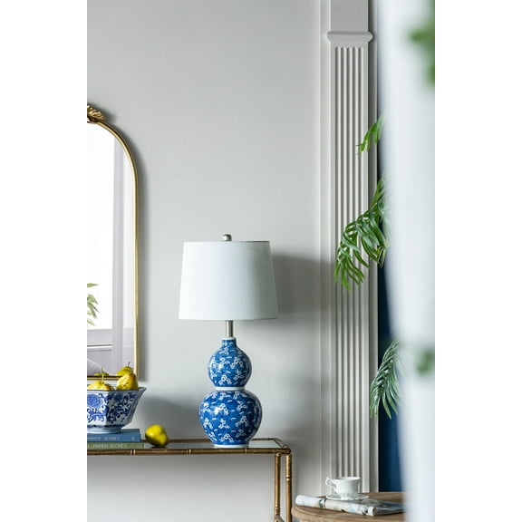 Noaman D13x25.7" Blue and White Round Two-Tiered Ceramic Vase Lamp, Unique Accent Decor with Linen Shade for Home & Office, Soft Ambient Lighting