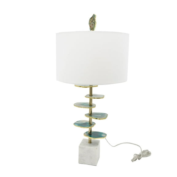 Noaman D15x29.5" Verdant Agate-Slice Table Lamp with Marble Base, White Drum Shade & Green Agate Finial, Natural Stone Decor for Bedroom/Living Room/Office