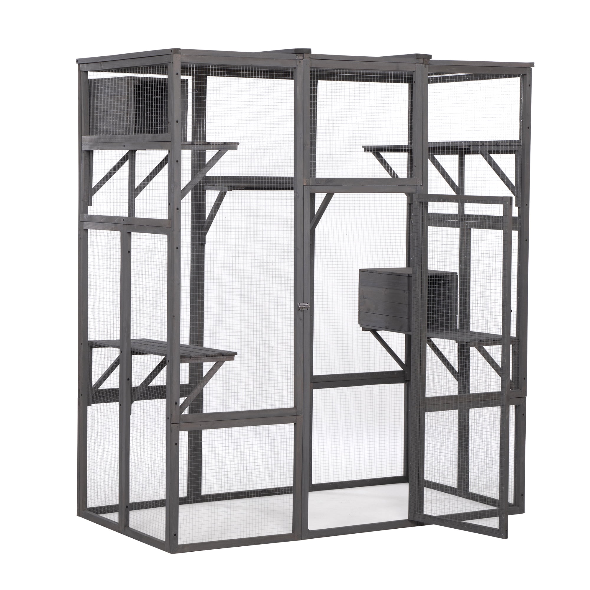 Noaman Extra Large Cat Cage - Gray, 62.41"L x 32.36"W x 70.08"H Outdoor Cat Playpen with Sunshine Roof, 5 Platforms & 2 Condos for Multiple Cats