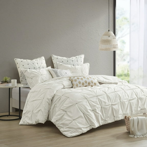 Noaman Full/Queen 3-Piece Elastic Embroidered Cotton Duvet Cover Set with Antimicrobial Protection, White