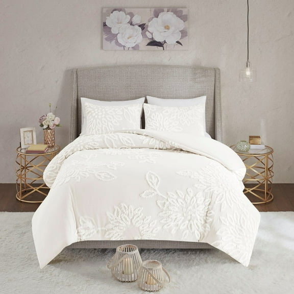 Noaman Full/Queen 3-Piece Tufted Cotton Chenille Floral Duvet Cover Set, Off White Farmhouse Bedding with Button Closure