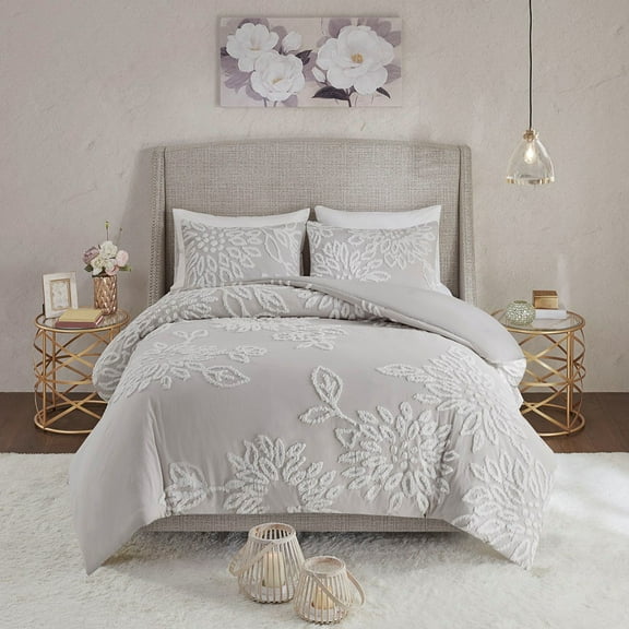 Noaman Full/Queen 3-Piece Tufted Cotton Chenille Floral Duvet Cover Set with 2 Shams, Warm Grey Farmhouse Bedding