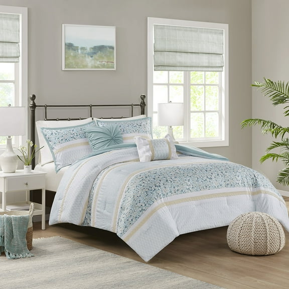 Noaman Full/Queen 5-Piece Seersucker Comforter Set with Throw Pillows, Aqua Floral Farmhouse Bedding
