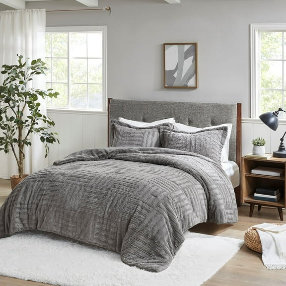 Noaman Full/Queen Fur Down Alternative Comforter Mini Set, Grey Faux Fur Checkerboard Design, Hypoallergenic Polyester Filling, Includes 1 Comforter & 2 Shams, OEKO-TEX Certified