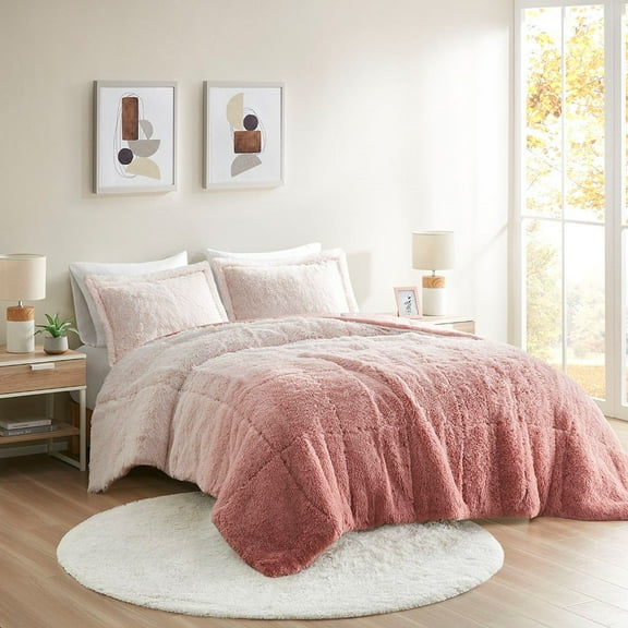 Noaman Full/Queen Ombre Shaggy Long Fur Comforter Mini Set, Blush - Hypoallergenic Faux Mink Reverse, Includes 1 Comforter & 2 Shams, Machine Washable, Dustproof & Oeko-Tex Certified
