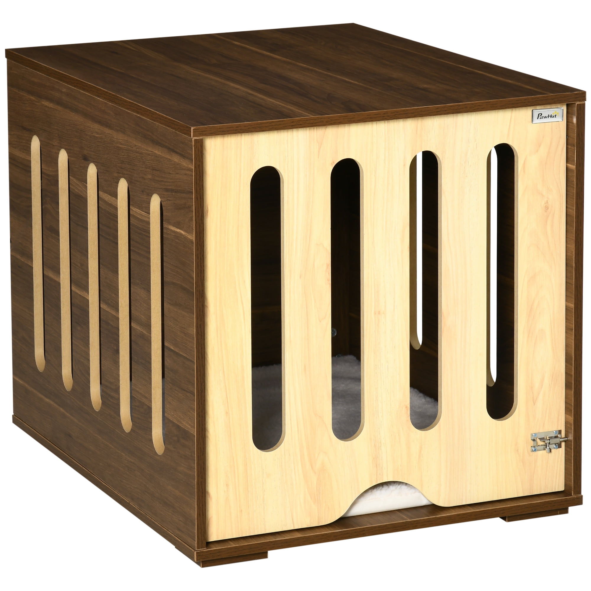 Noaman Furniture Style Dog Crate End Table with Removable Door Panel, 23.5" W x 31.5" D x 24.25" H, Foam Cushion Bed & Safety Lock for Small/Medium Dogs, Indoor Use, Brown