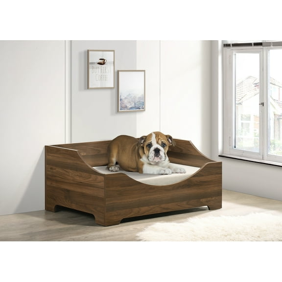 Noaman Gibson 36" Wide Modern Comfy Pet Bed with Removable Cushion, Brown Alder Wood Finish, Particle Board Frame, Supports Up to 22 LBS, Cushion Size 33.3"W x 22"D